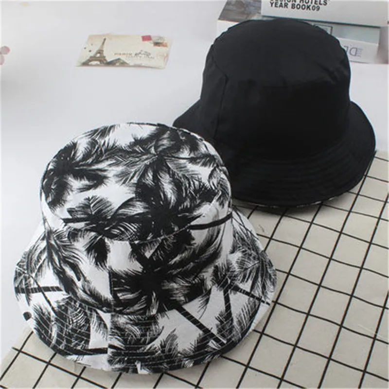 Fashion Coconut Tree Printed Hat White Black Bucket Hat Reversible Fisherman Caps Summer Sunscreen Hats For Men Women
