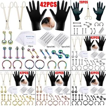 

42 Pcs/set Belly Nipple Eyebrow Lip Nose Ring Tongue Needles Body Piercing Kit Jewelry Tool Ear Nail Umbilical Ring Tatto Tool