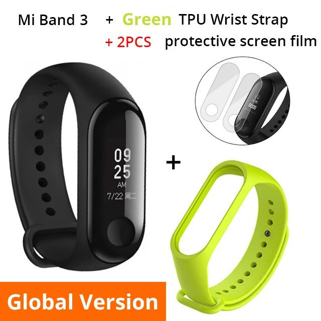 Глобальная версия Xiaomi mi Band 3 Смарт-Браслет фитнес-браслет mi Band 3 большой сенсорный экран OLED частота сердечных сокращений сообщений - Цвет: Add Green Strap