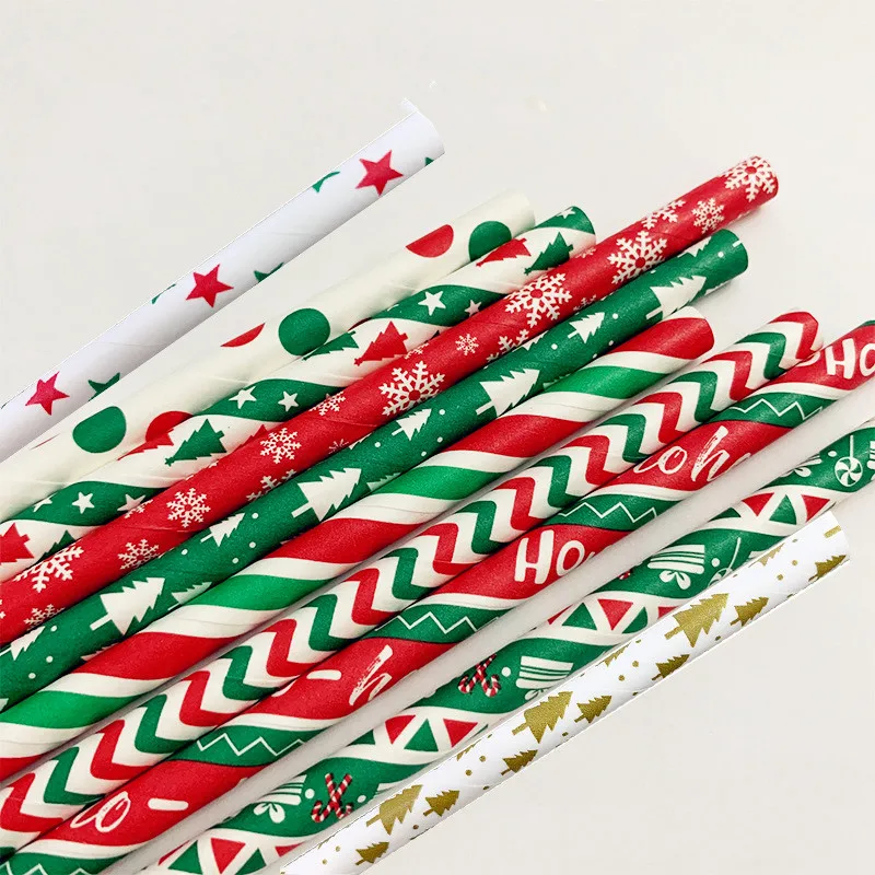 

25pcs Paper Drinking Straws Snowflake Paper Straw Merry Christmas Decoration for Home Happy New Year Party Tableware Red