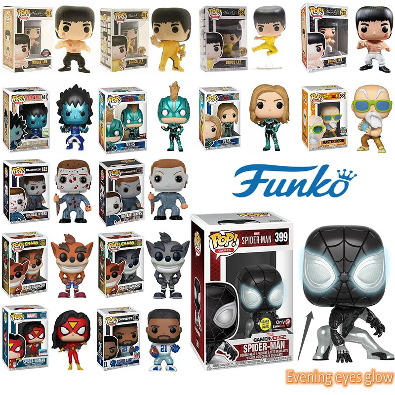 

The New FUNKO POP Black Spider-Man with evening eyes glowing Captain Marvel MichaelMyers Bruce Lee Surprise gift for children