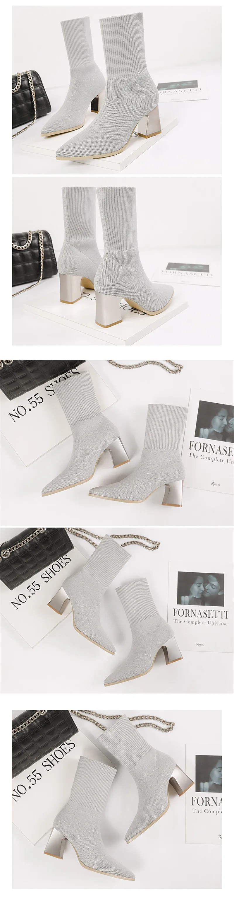 Sexy Pointed Toe Ankle Sock Boots For Woman Knit Elastic  Female Western Boots Thick High Heels French Women's Boots Socks Shoes (18)