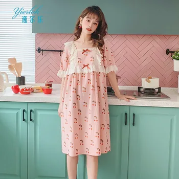 

Women's Printed nightgown Short Sleeve Sweet Lace sleepwear breathable Cotton nightdress Comfortable plus Size home clothes
