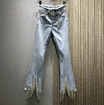 

High Waist Jeans Woman Flash Tassel Rhinestone Chain Jeans Pants New Spring Hole Cut Slim Denim Ankle-Length Denim Trousers