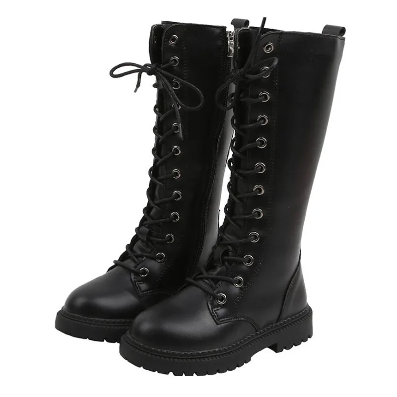 

Autumn Winter Girls Black Knee High Boots Short Fur Inside Lace-up Zipper Martin Boots Size 26-36