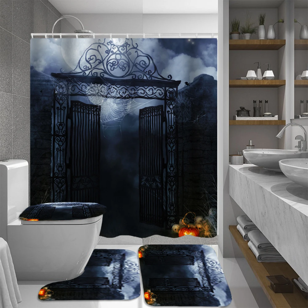 

Halloween Waterproof Shower Curtain with Hooks Night Bathroom Curtains Toilet Cover Non-Slip Carpets Mat Set Holiday Decoration
