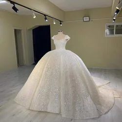 Customized Luxury Wedding Dress Sequined Beading Appliques Short Sleeve Floor-Length Ball Gown Bridal Gowns Robe De Mariée