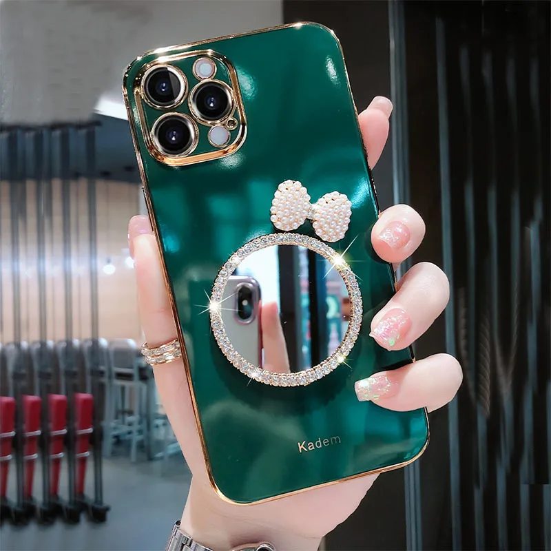 Luxury Brand 3D Makeup mirror Pearl Bow Phone Case For Iphone 12 11 Pro Max 6 7 8 Plus X XR Fashion Plating Glitter Soft Cover