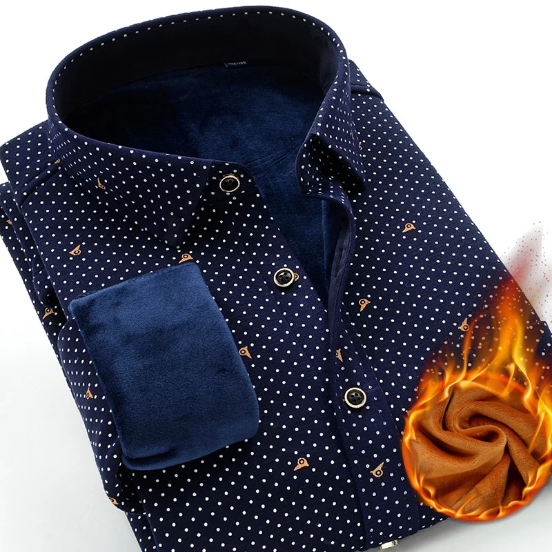 Brand Shirt M-10XL Thick Winter Printing Polka-Dot Mens Casual Long-Sleeved Fashion