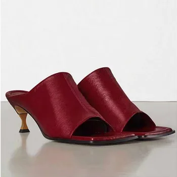 

New Arrival Luxury Designer Metal Heel Square Toe Shoes Women Wine Red Gladiator Slip-on Shoes Fashion Slippers Outdoor Heels