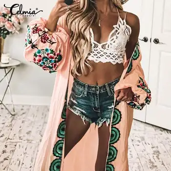 

Bohemian Cardigan 2020 Summer Tops Celmia Women Kimono Printed Long Blouses Shirts Belt Casual Loose Blusas Femininas Plus Size