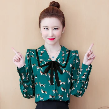 

COIGARSAM French Style Chiffon Shirt Womens tops New Spring Vintage Women shirts Green 6802