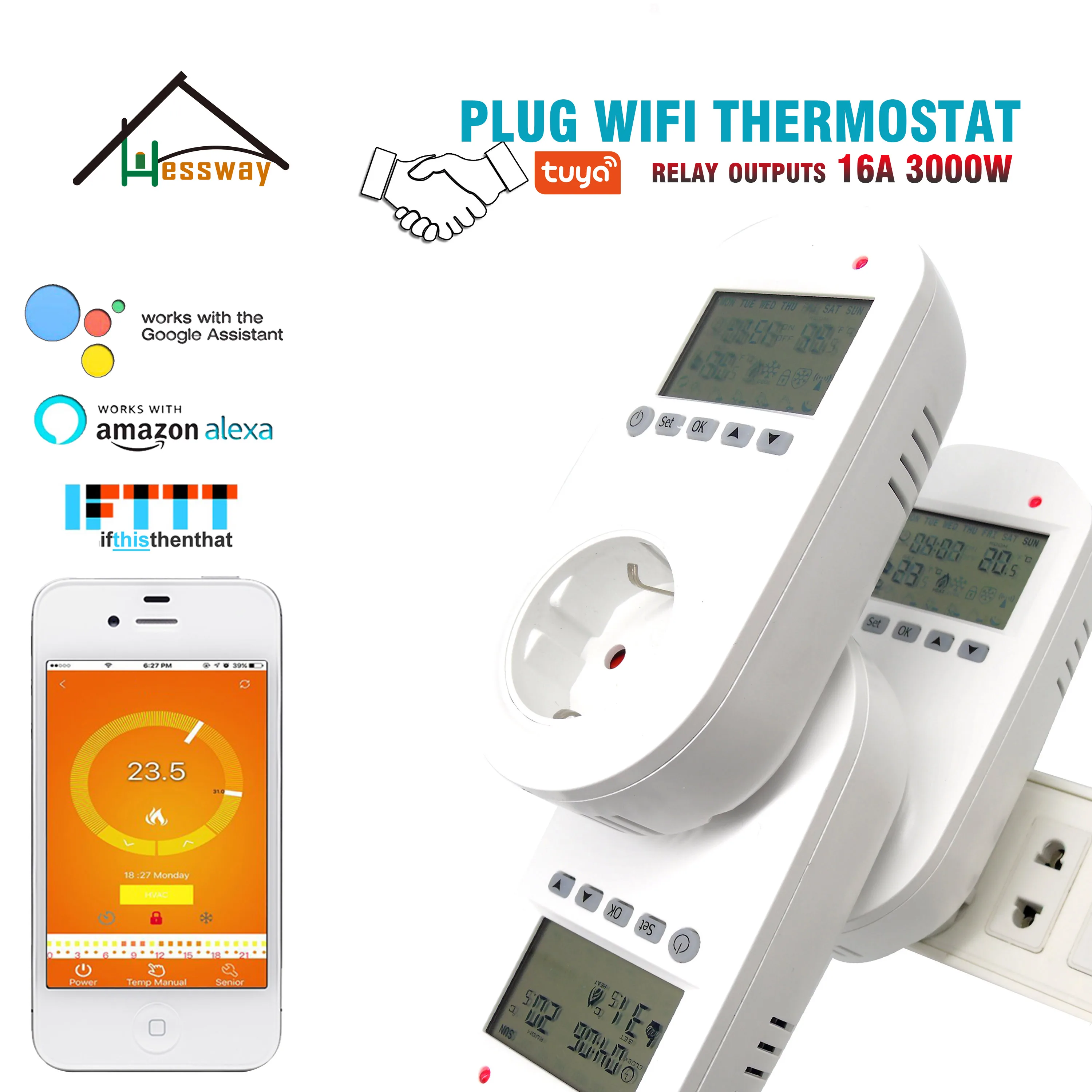 Умный термостат HESSWAY TUYA 16 А с европейской вилкой Wi-Fi для электрического подогрева