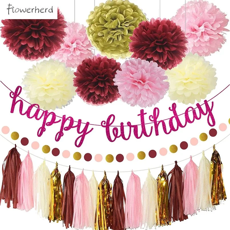 Burgundy Pink Birthday Decorations for Women Grils Banner Paper Poms Circle Dot Garland and Tassel Party Decor | Дом и сад