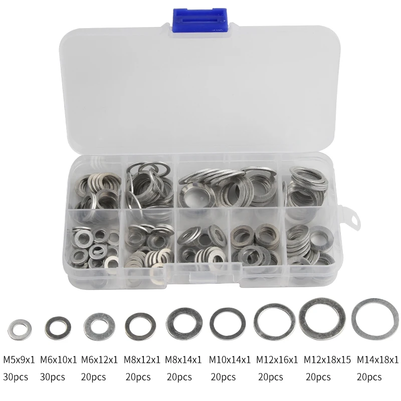 

200Pcs Aluminum Gaskets Washers Aluminum Gasket M5 M6 M8 M10 M12 M14 Flat Metal Washer Gasket Aluminum Sealing Rings Set
