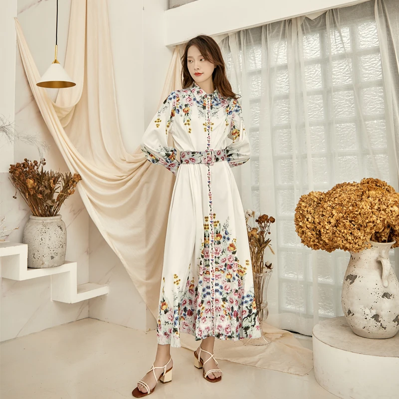 Video video posed long skirt autumn new palace aristocratic temperament lantern sleeve with waist print dress
