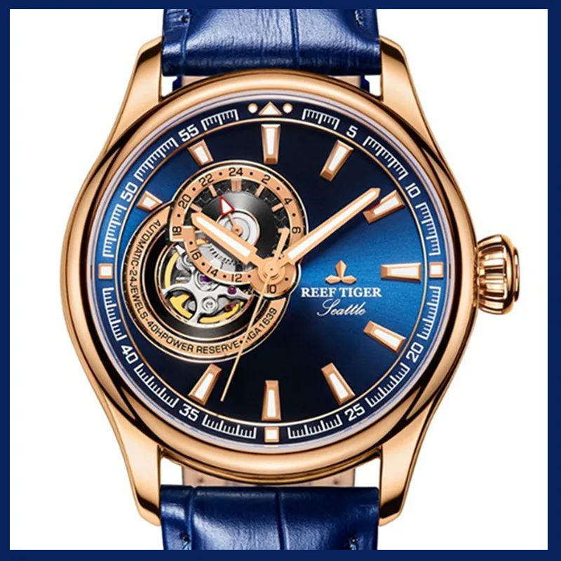 Риф Тигр бренд Tourbillon механические Роскошные автоматические часы водонепроницаемые светящиеся синие циферблат кожаные мужские часы Reloj Hombre