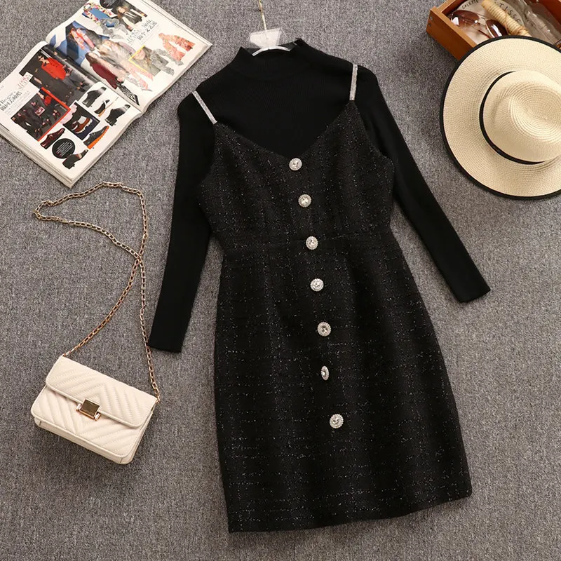 Маленький ароматный комплект из двух предметов платье осень зима женские спагетти ремень v-образным вырезом кнопка в виде бриллианта твидовое платье+ черный свитер - Цвет: dress and sweater