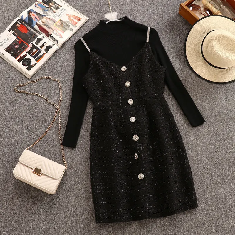 dress and sweater Маленький ароматный комплект из двух предметов платье осень зима женские спагетти ремень v-образным вырезом кнопка в виде бриллианта твидовое платье+ черный свитер - Цвет: dress and sweater