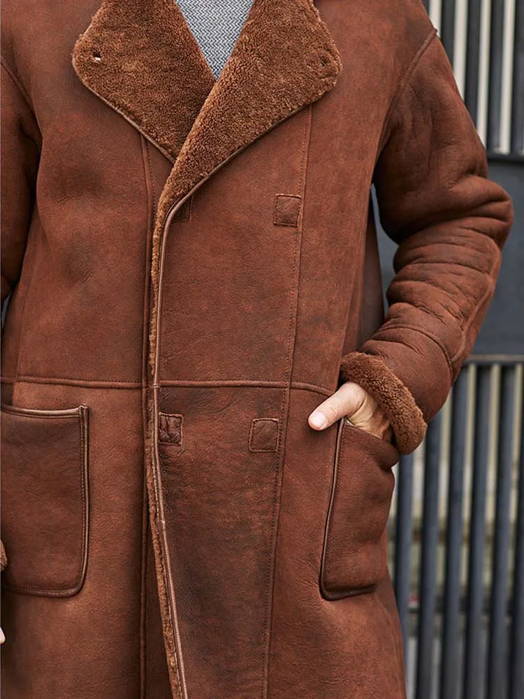 新トルコムートンコートメンズ茶色の革のジャケットロングトレンチコート冬の毛皮生き抜く