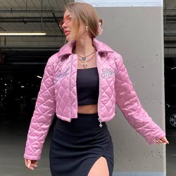 Winter Zipper Turn Down Collar Short Jacket Down Jacket Cotton Padded Jacket Pink Letter Print Fashion Outwear Women Clothing