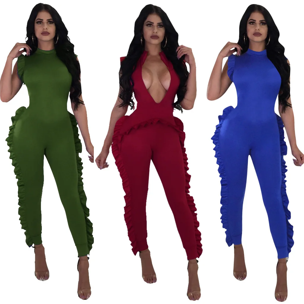 Summer new sexy women's sleeveless O-neck wood ear solid color casual tight-fitting jumpsuit personality women's clothing