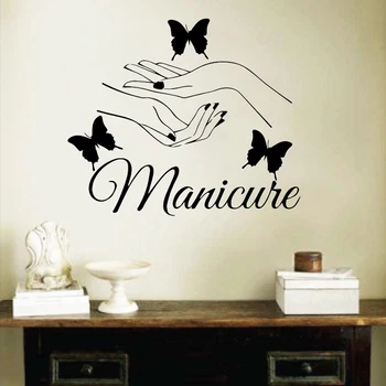 Billig Schönheit Nagel Salon Wand Aufkleber Maniküre Wand Abziehbilder Schmetterling Hände Zimmer Salon Dekoration Mädchen Schlafzimmer Decor Vinyl Kunst Wandmalereien