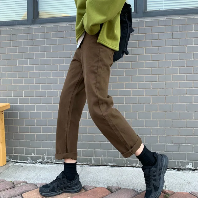 Jeans Women Solid Straight High Waist Jean Retro Korean Style BF Autumn Ankle-length Causal Denim Womens Simple Ins Trendy Daily