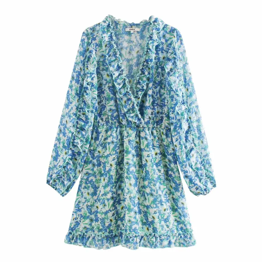 

long sleeve women mini floral ruffles dress flower shoulder elastic waist female elegant ZA casual dresses stylish party vestido