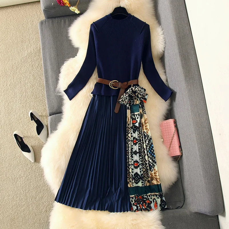 Модное винтажное зимнее платье-свитер женское Элегантное синее трикотажное длинное облегающее плиссированное платье с длинным рукавом Повседневная Весенняя vestidos