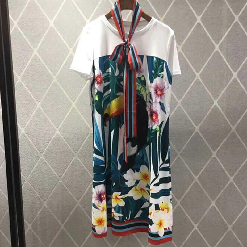XiaomoliNvzhuang, Классическая футболка, платье с принтом листьев птиц, с поясом и талией, коллекция зима, стиль