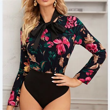 

Women Floral Long Sleeve Bandage Bodysuit Leotard Tops Blouse Jumpsuit Romper
