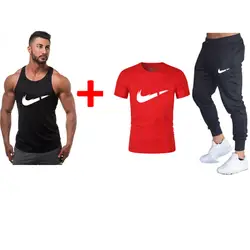 Новый жилет + футболка + мужские брюки с принтом летний повседневный костюм футболка мужская брендовая Спортивная одежда Бодибилдинг