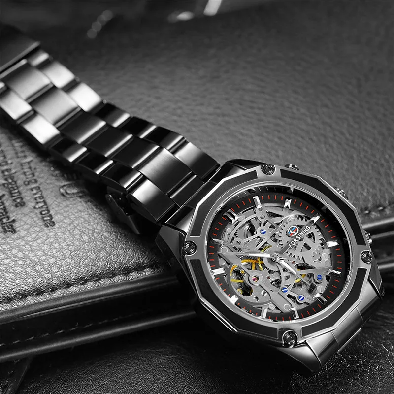 FORSINING Automatic Mechanical Men Wristwatch Military Sport Male Clock Stainless Steel Skeleton Man Watch 8130 Luxury