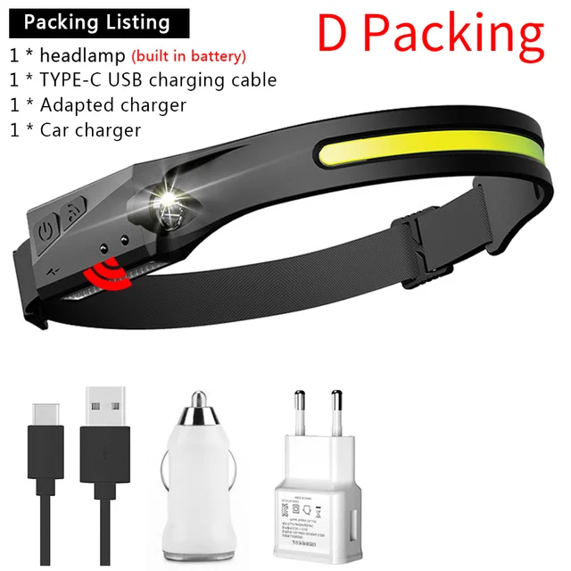 Induction Headlamp COB LED Head Lamp with Built-in Battery Flashlight USB Rechargeable Head Torch 5 Lighting Modes Head Light D Packing