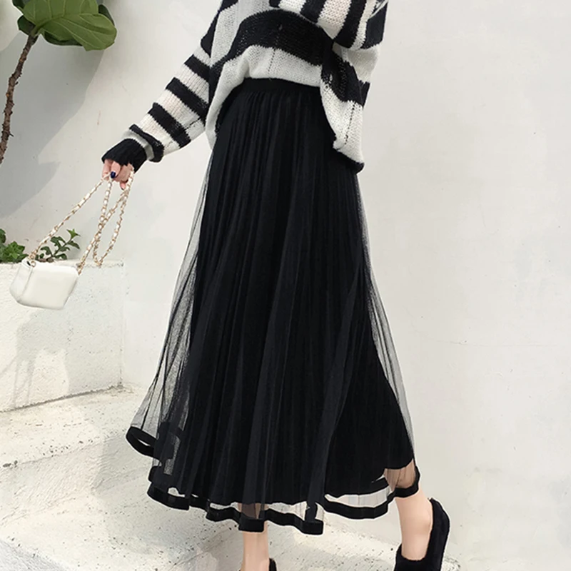 Женская мода Элегантный Дикий сплошной цвет Высокая талия A-Line плиссированная юбка тюль сетка повседневная размера плюс