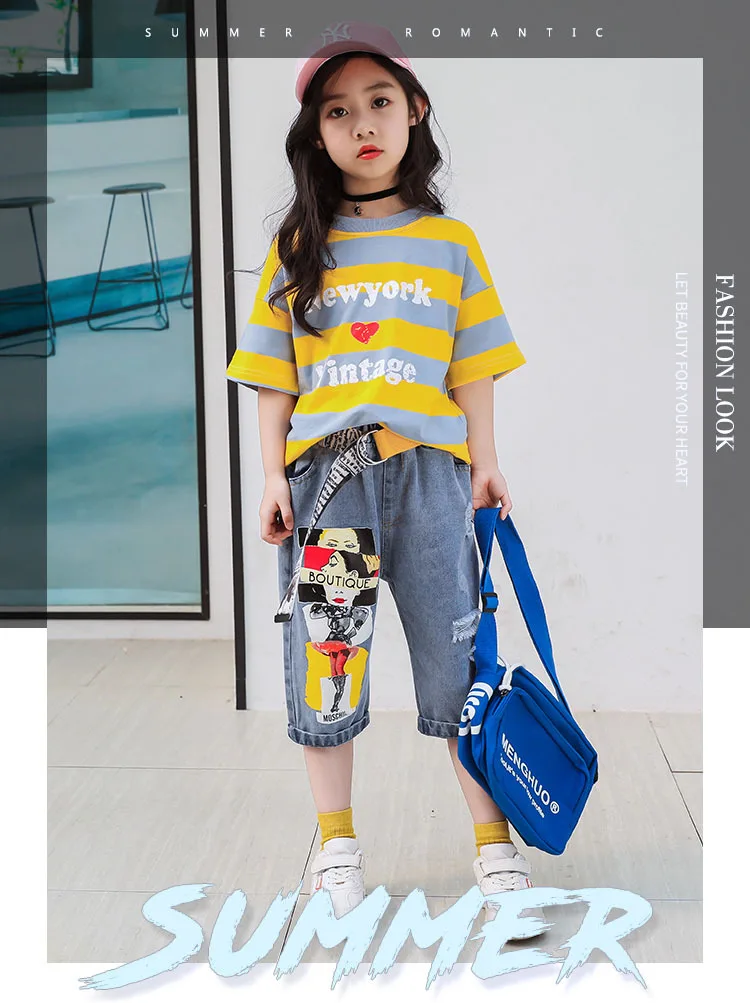 Girls Summer Clothes Summer Boutique Outfits Kids Clothing Set Toddler Children Striped T-shirt+ Denim Capri pants