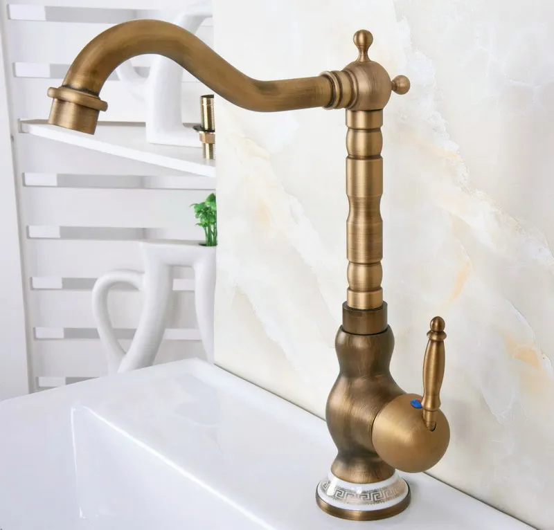 Antique Brass Retro Kitchen Faucet Deck Mounted Kitchen Sink Mixer Bathroom Faucet Single Handle Hole Rotatable Taps  Lnf611