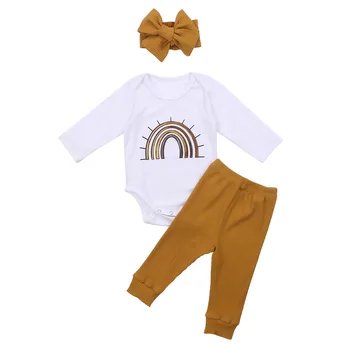 

3Pcs Newborn Baby Girl Clothes Set Rainbow Pattern Long Sleeve Romper T-shirt+Pants+Headband Infant Clothing Outfit Set 0-24M