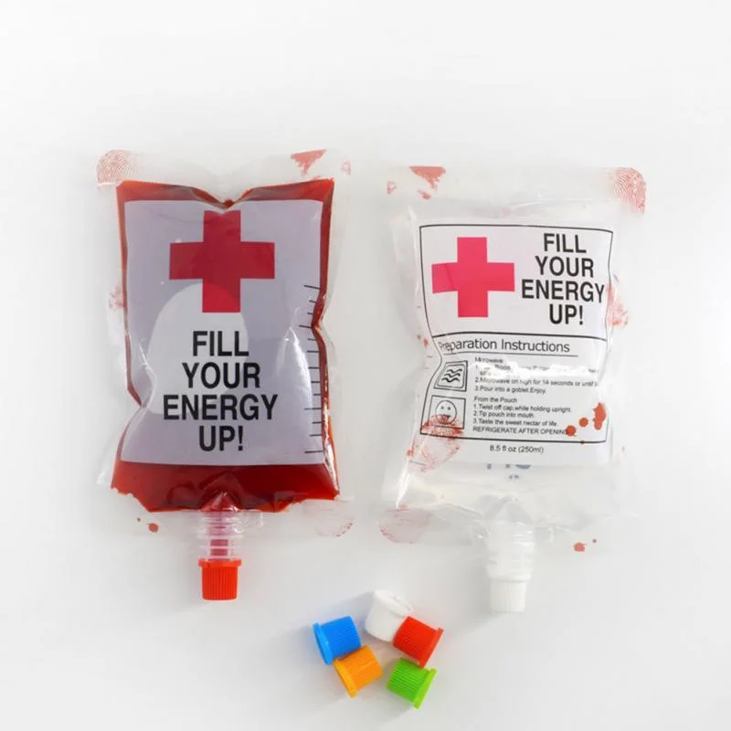 

Halloween Reusable Transparent Clear Medical PVC Material Blood Energy Drink Bag Halloween Vampire Pouch Props 250ml 10PCS