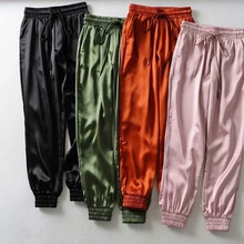 GAOKE Pants Green Satin Pants Women Drawstring  Pants Trousers Loose Casual Jogging Pant Sweatpant  Capris