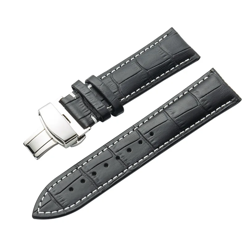 Luxurious Genuine Leather Watch Strap with Butterfly Clasp - Black & Brown