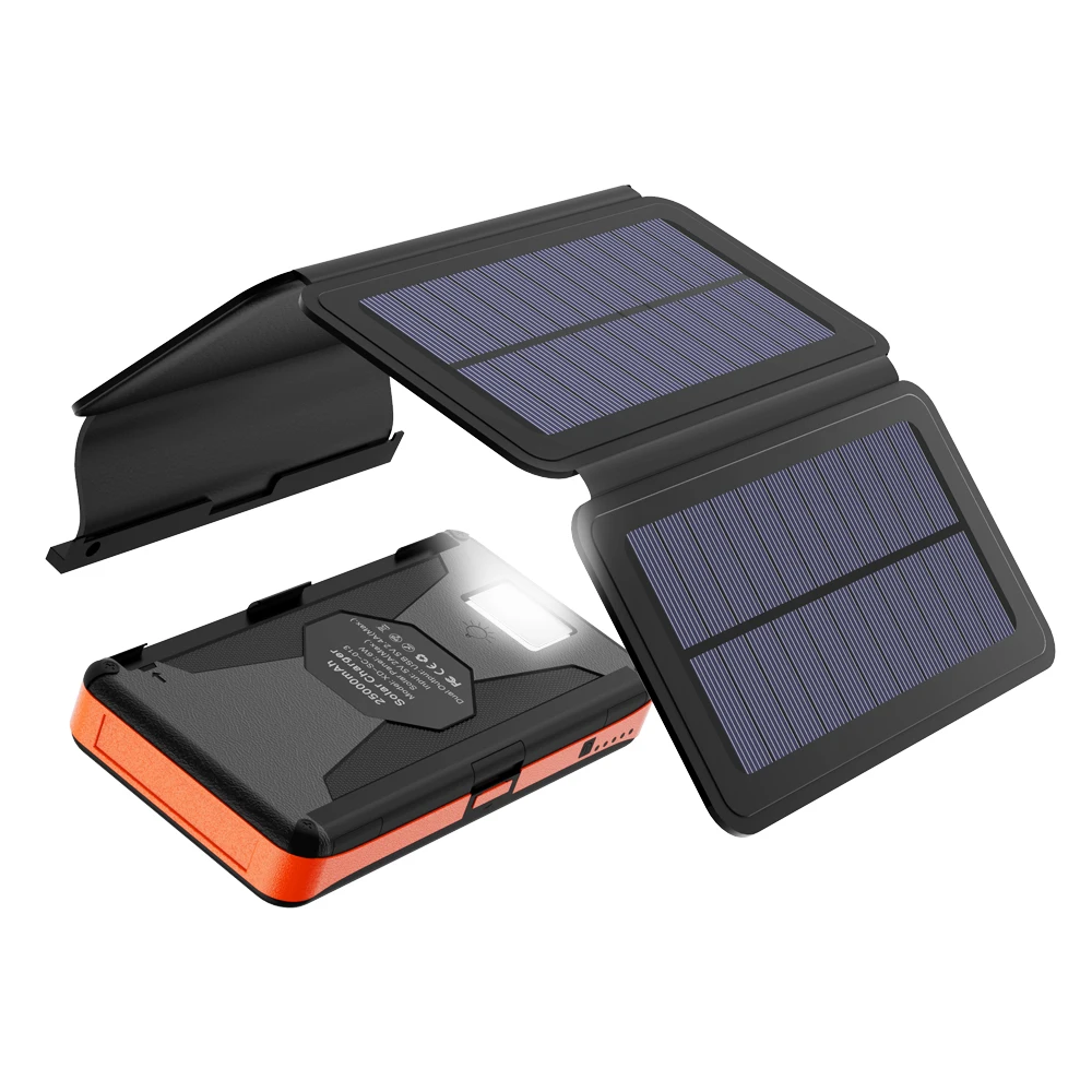 Banco de energía Solar de 25000mAh con 4 paneles solares doble salida USB e entradas luz LED baterí
