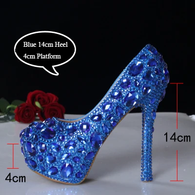 Blue 14cm Heel Туфли-лодочки на платформе; свадебные туфли; синие женские туфли на высоком каблуке со стразами; вечерние стразы; слипоны с круглым носком; большой размер 43 - Цвет: Blue 14cm Heel