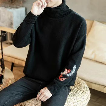 

Autumn winter warm men turtleneck Sweater Pullover Knitted Chinese Style Homme Loose Clothes Casual Embroidered Costume For Male