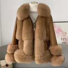 ZDFURS* 2021 New Women Fox Fur Coats Genuine Leather Jackets Fox Fur Collars Winter Warm Fur Clothing Overcoats Outwear Rivet