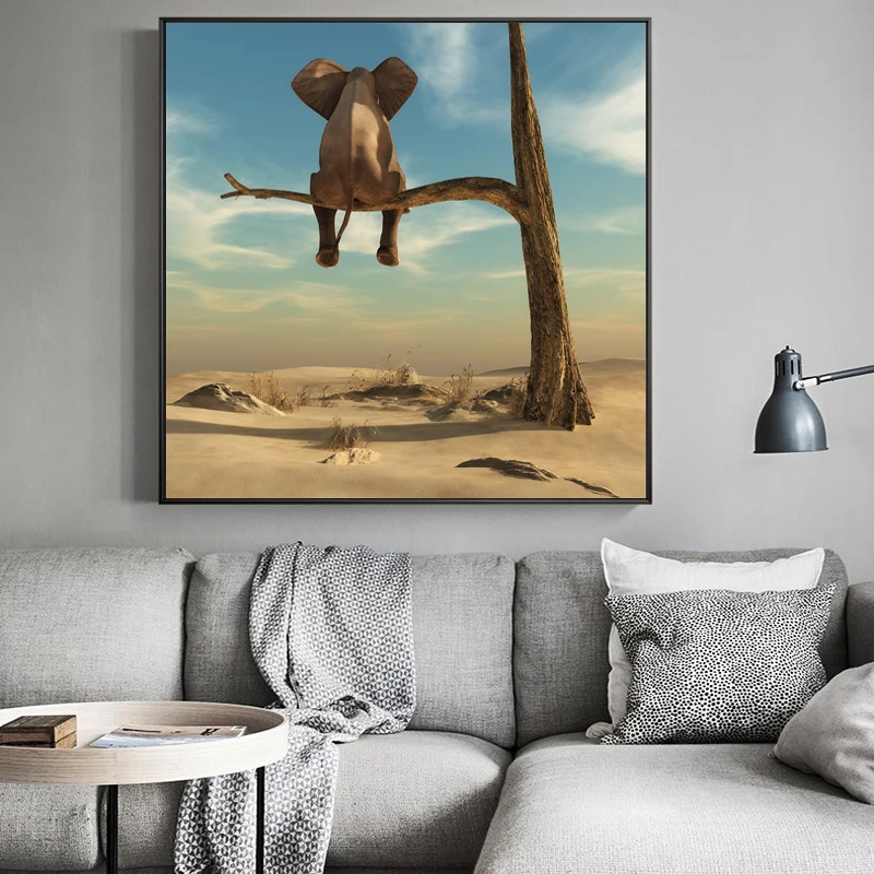 Elephant Sits On Tree Branch Surrealism Painting Printed on Canvas