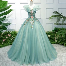 Elegante vestido de quinceañera verde para mujer, con cuello en V, lujoso vestido Formal de noche para fiesta y baile de graduación