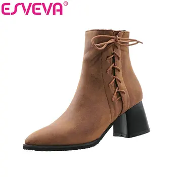

ESVEVA 2020 Women Shoes Winter/Autumn Ankle Boots Fashion High Heel PU Leather Pointed Toe Motorcycle Platform Boots Size 34-43