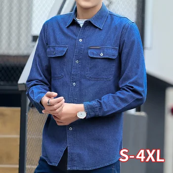 

2020 Spring Autumn Denim Shirt Men Long Sleeve Blue Sunscreen Work Clothes Plus Size 4XL High Quality Fashion Cotton Shirt